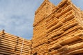 Stacks of planks at the sawmill. Harvesting, sale of lumber for construction