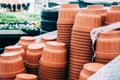 Stacks of plastic pots for growing in modern hydroponic greenhouse interior Royalty Free Stock Photo