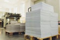 Stacks of printed sheets of cardboard on wooden pallets closeup. printing industry.