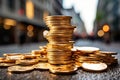 Stacks of Prosperity: A Close-up of Shiny Coins in an Urban Setting