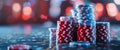 Stacks of Red and Blue Poker Chips on Table Royalty Free Stock Photo