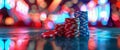 Stacks of Red and Blue Poker Chips on Table Royalty Free Stock Photo