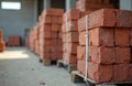 Stacks of red bricks on pallets in construction warehouse. Bricks are neatly arranged in rows. Building materials for repair and Royalty Free Stock Photo