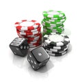 Stacks of red, green, black gambling chips and black dices Royalty Free Stock Photo