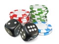 Stacks of red, green, blue gambling chips and black dices 3D Royalty Free Stock Photo