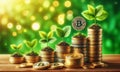 Stacks and rows of plants, Bitcoin stacks and Euro notes, growth concept, copy space Royalty Free Stock Photo