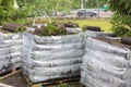 stacks of sod rolls for new lawn. Lawn grass in rolls on pallets against of street. rolled grass ready for laying Royalty Free Stock Photo