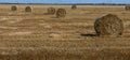 Stacks of straw - bales of hay, rolled into stacks left after harvesting of wheat ears, agricultural farm field with Royalty Free Stock Photo