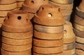 Stacks of terracotta pots for plants at a garden store Royalty Free Stock Photo