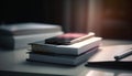 Stacks of textbooks on wooden shelves in modern library space generated by AI Royalty Free Stock Photo