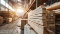 Stacks of timber planks in a warehouse, representing timber building supplies Royalty Free Stock Photo