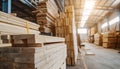 Stacks of timber planks in a warehouse, representing timber building supplies Royalty Free Stock Photo