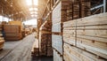 Stacks of timber planks in a warehouse, representing timber building supplies Royalty Free Stock Photo