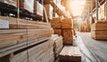 Stacks of timber planks in a warehouse, representing timber building supplies Royalty Free Stock Photo