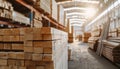 Stacks of timber planks in a warehouse, representing timber building supplies Royalty Free Stock Photo
