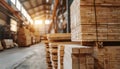 Stacks of timber planks in a warehouse, representing timber building supplies Royalty Free Stock Photo