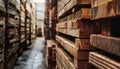 Stacks of timber planks in a warehouse, representing timber building supplies Royalty Free Stock Photo