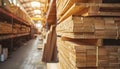 Stacks of timber planks in a warehouse, representing timber building supplies Royalty Free Stock Photo