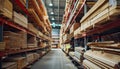 Stacks of timber planks in a warehouse, representing timber building supplies Royalty Free Stock Photo