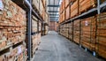 Stacks of timber planks in a warehouse, representing timber building supplies Royalty Free Stock Photo