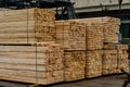 Stacks of timber ready for shipment in sea port in Ukraine