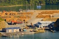 Stacks of tree trunks ready for export by sea in Wellington Port, New Zealand Royalty Free Stock Photo