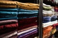 stacks of velvet pants on a retail shelf