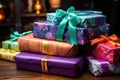 stacks of vibrant holiday gifts wrapped in paper Royalty Free Stock Photo