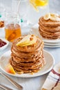 Stacks Of Whole Wheat Pancakes With Apple And Banana Slices Royalty Free Stock Photo