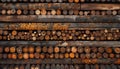 Stacks of wood logs create a pattern in the lumberyard Royalty Free Stock Photo