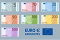 Stacksof Banknotes in denominations of 5,10, 20, 50 , 100, 200 and 500 euros on a white background. European Union paper