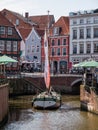 Stade, Germany - August 25, 2019: View at Schwinge River and historical center of Stade Royalty Free Stock Photo