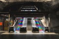 Stadion Station in Stockholm`s metro or subway shows off it`s rainbow escalators in this underground depiction in Stockholm`s