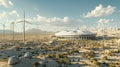 A stadium built in a desert featuring wind turbines and water collection systems to provide cooling and hydration for Royalty Free Stock Photo