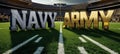 In a stadium-filled NCAA Football setting, 3D text block letters hover above the lush green grass, amidst the cheering crowd