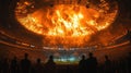 A stadium filled with spectators witnessing a fiery spectacle with smoke and flames filling the sky