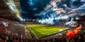 Stadium full of people watching soccer game on cloudy day at night. AI