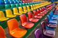 Stadium grandstand adorned with colorful rows of plastic seating