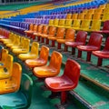 Stadium grandstand adorned with colorful rows of plastic seating