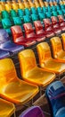 Stadium grandstand adorned with colorful rows of plastic seating