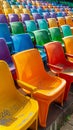 Stadium grandstand adorned with colorful rows of plastic seating