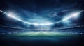 Stadium lights against dark night sky background. Soccer match lights. AI Royalty Free Stock Photo