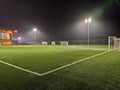 Stadium in lights and flashes. Empty beautiful football field with glowing spotlights in the evening or at night. Artificial turf Royalty Free Stock Photo