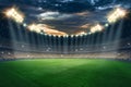 Stadium in the lights and flashes, football field. Concept sports background, football, night stadium. Mixed media, copy space