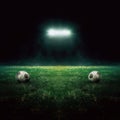 Stadium lights in the night. Green soccer field bright spotlights still life. Royalty Free Stock Photo