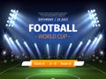 Stadium lights poster. Football match invitation banner, sport background with spotlights, green field with projector