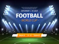 Stadium lights poster. Football match invitation banner, sport background with spotlights, green field with projector, soccer Royalty Free Stock Photo