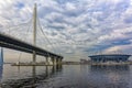 Stadium `Saint Petersburg Arena` on Krestovsky island and Cable-stayed bridge Western high-speed diameter across Peter`s fairway