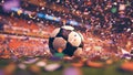 Stadium with a soccer ball rolls through the confetti, football. Generative AI