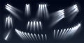 Stadium spotlights. Football field directional light sources, realistic searchlights. Illuminated studio and arena stage